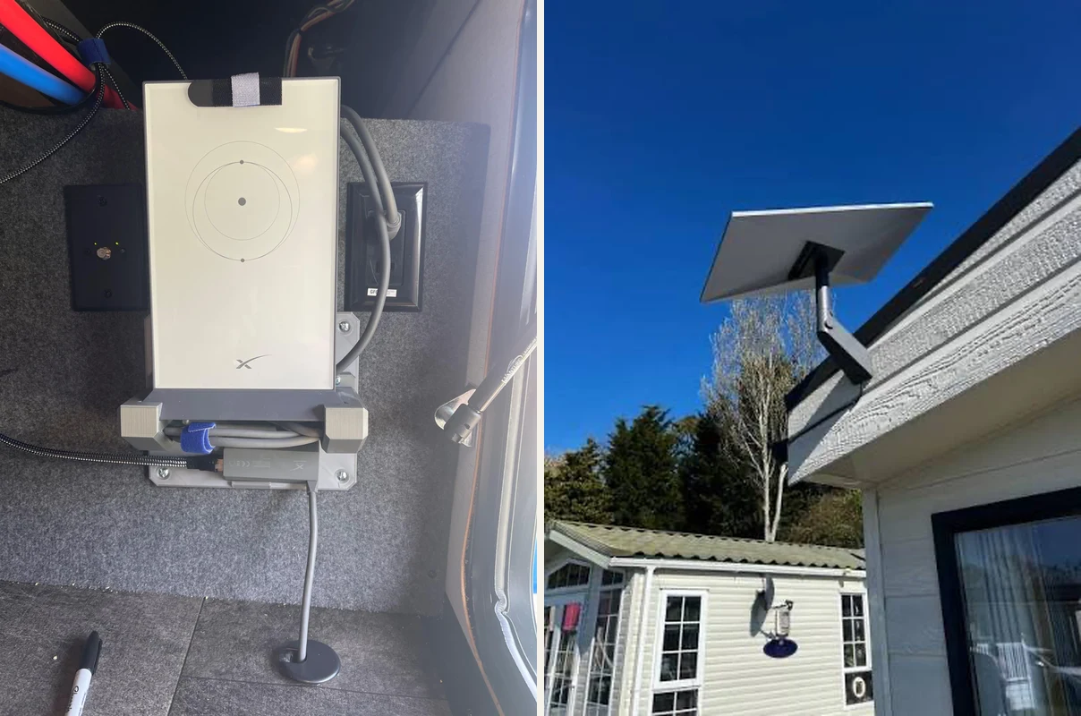 A Starlink install shown two ways: the router and cable management mounted indoors, and the dish mounted outside on a roof bracket.