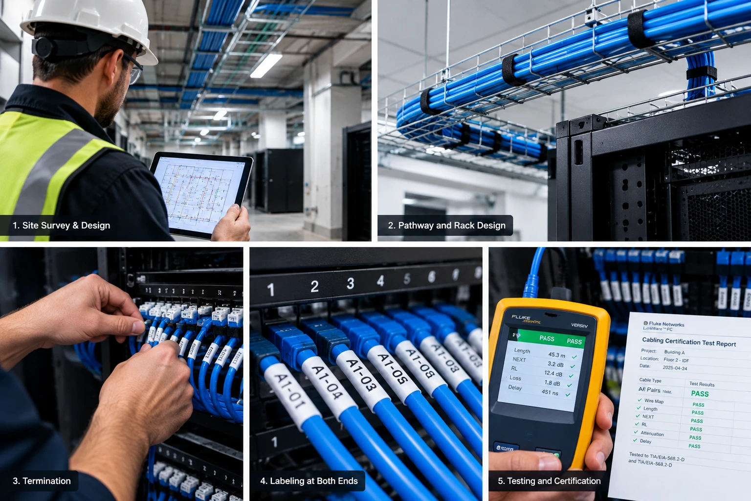 The structured cabling process in five steps: site survey and design, pathway and rack design, termination, labeling at both ends, and testing and certification.